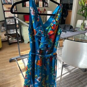 Express Teal Blue Floral Shift Dress with Multicolor Print